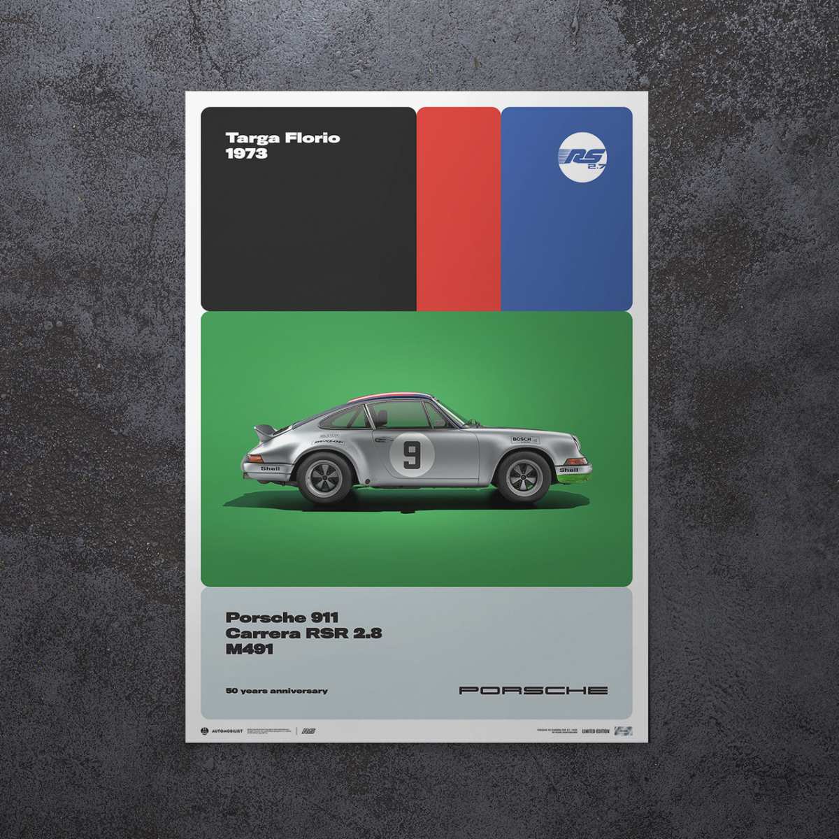 Poster Porsche 911 carrera 2.8 RSR - Stand store 24h of Daytona 1973 - Limited series, signed. 50x70 cm or 60x80 cm. Motor racing poster.